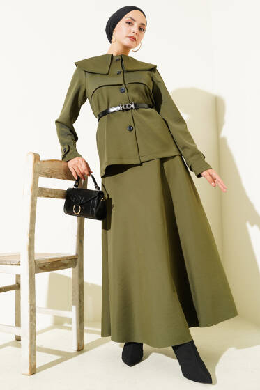 Bebe Yaka Düğmeli Etekli İkili Takım Haki - İkili Takım