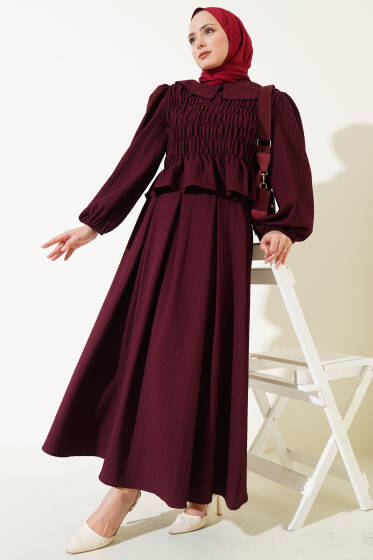 Bebe Yaka Etekli Gofre İkili Takım Mürdüm - İkili Takım