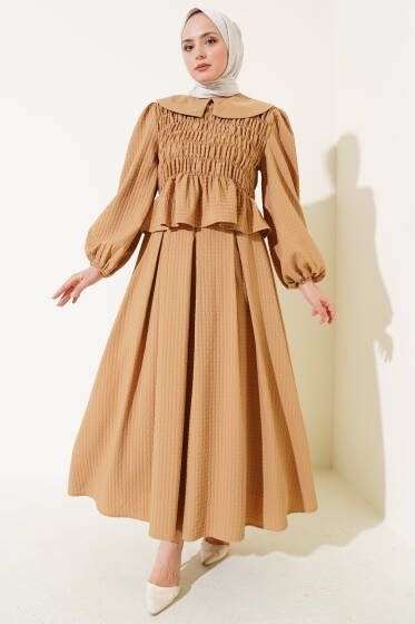 Bebe Yaka Etekli Gofre İkili Takım Vizon - İkili Takım