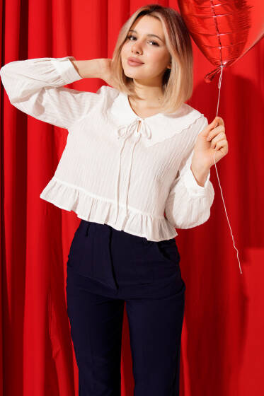Bebe Yaka Fırfırlı Bluz Ekru - Kadın Giyim Modelleri