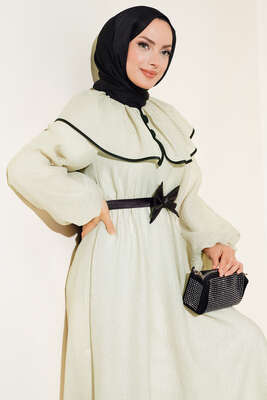 Bebe Yaka Fiyonklu Elbise Çağla Yeşili - Tesettür Elbise