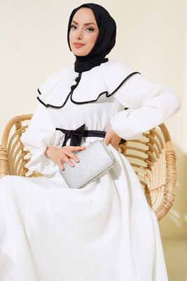 Bebe Yaka Fiyonklu Elbise Ekru - Tesettür Elbise