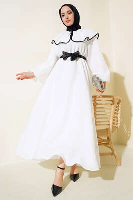 Bebe Yaka Fiyonklu Elbise Ekru - Tesettür Elbise