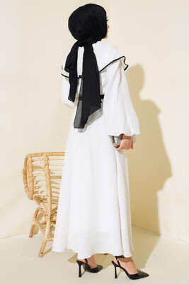 Bebe Yaka Fiyonklu Elbise Ekru - Tesettür Elbise