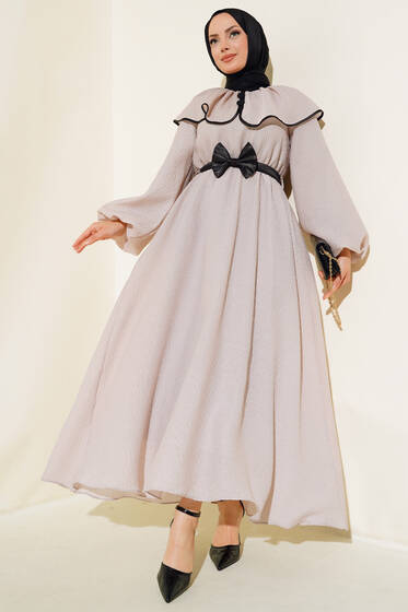 Bebe Yaka Fiyonklu Elbise Gri - Elbise