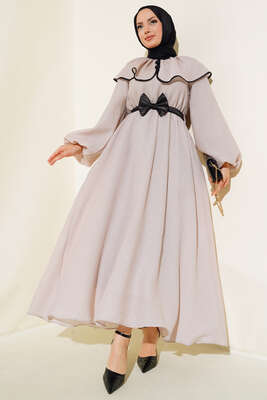 Bebe Yaka Fiyonklu Elbise Gri 