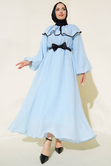 Bebe Yaka Fiyonklu Elbise Mavi - Elbise