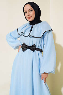 Bebe Yaka Fiyonklu Elbise Mavi - Tesettür Elbise