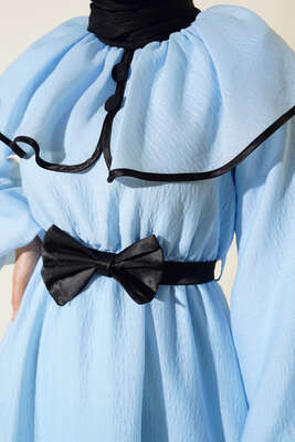 Bebe Yaka Fiyonklu Elbise Mavi - Tesettür Elbise