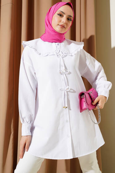 Bebe Yaka Fiyonklu Gömlek Beyaz - Gömlek