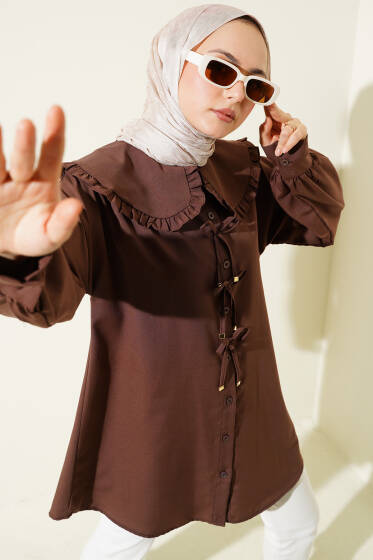 Bebe Yaka Fiyonklu Gömlek Kahve - Gömlek