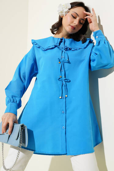 Bebe Yaka Fiyonklu Gömlek Mavi - Gömlek