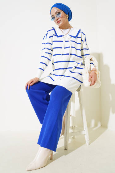 Bebe Yaka Fiyonklu Triko İkili Takım Saks - Triko İkili Takım