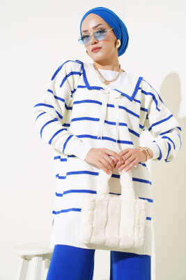 Bebe Yaka Fiyonklu Triko İkili Takım Saks - Triko İkili Takım