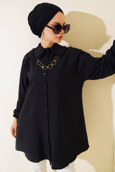 Bebe Yaka Gofre Gömlek Siyah - Gömlek