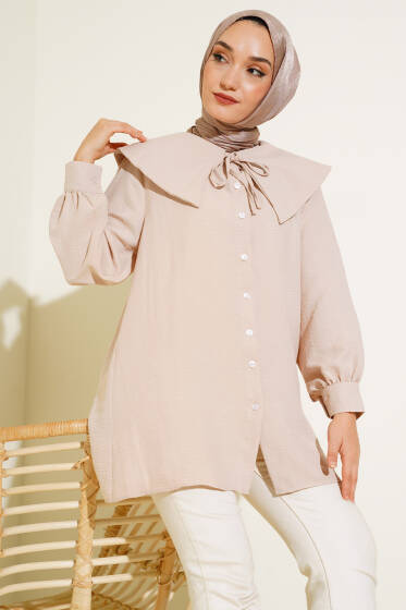 Bebe Yaka İp Bağcıklı Gömlek Bej - Gömlek