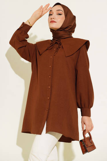 Bebe Yaka İp Bağcıklı Gömlek Kahve - Gömlek