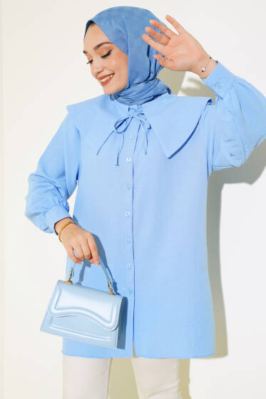 Bebe Yaka İp Bağcıklı Gömlek Mavi - Gömlek