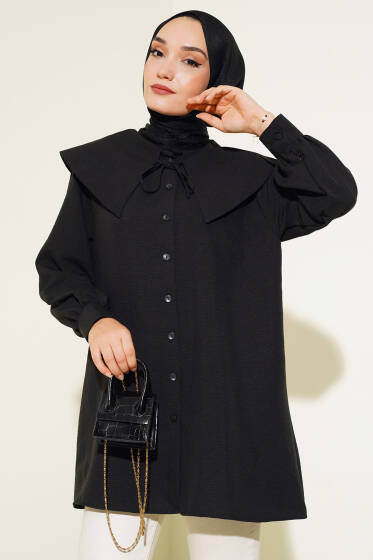Bebe Yaka İp Bağcıklı Gömlek Siyah - Gömlek