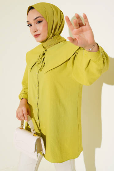 Bebe Yaka İp Bağcıklı Gömlek Yağ Yeşili - Gömlek