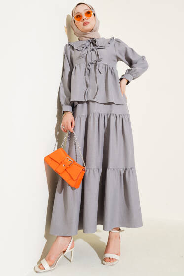 Bebe Yaka İp Bağlamalı Etekli İkili Takım Gri - İkili Takım