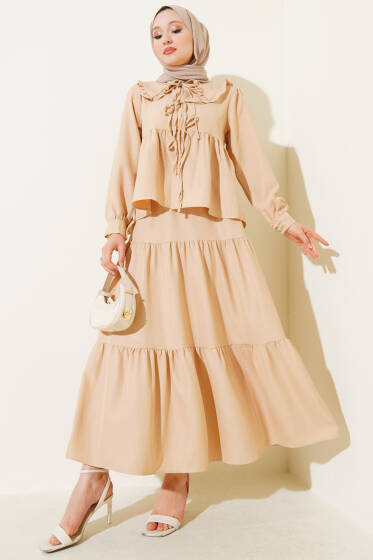 Bebe Yaka İp Bağlamalı Etekli İkili Takım Latte - İkili Takım