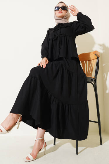 Bebe Yaka İp Bağlamalı Etekli İkili Takım Siyah - İkili Takım