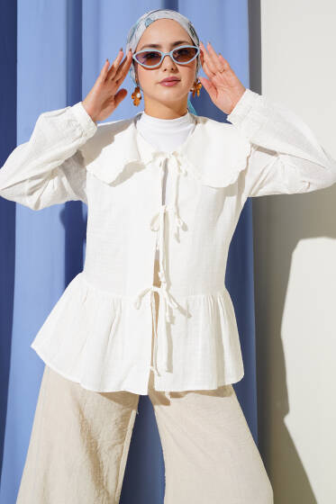 Bebe Yaka İp Bağlamalı Kimono Ekru - Dış Giyim&Mont