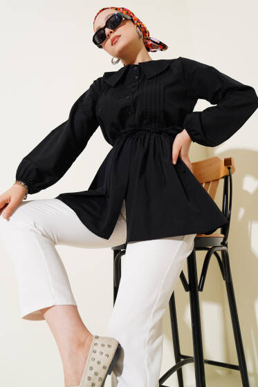 Bebe Yaka İp Kuşaklı Gömlek Siyah - Gömlek