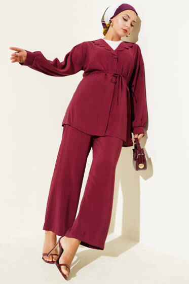 Bebe Yaka İp Kuşaklı İkili Takım Bordo - İkili Takım
