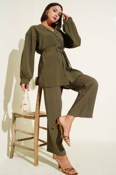 Bebe Yaka İp Kuşaklı İkili Takım Haki - İkili Takım
