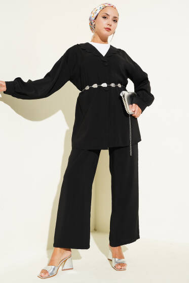 Bebe Yaka İp Kuşaklı İkili Takım Siyah - İkili Takım