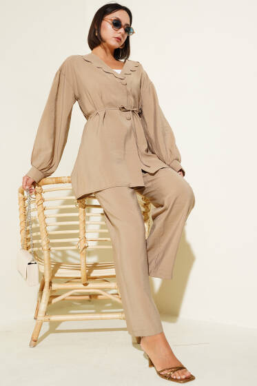 Bebe Yaka İp Kuşaklı İkili Takım Vizon - İkili Takım