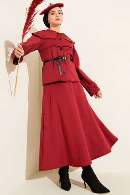 Bebe Yaka Kemerli Scuba İkili Etekli Takım Bordo - TEGOE