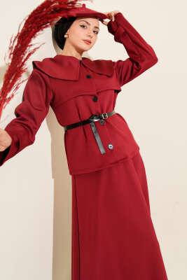 Bebe Yaka Kemerli Scuba İkili Etekli Takım Bordo - İkili Takım