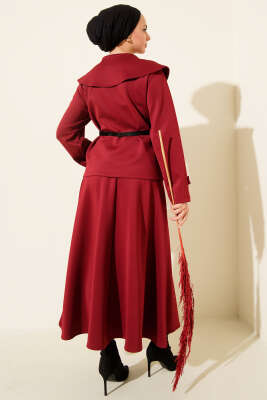 Bebe Yaka Kemerli Scuba İkili Etekli Takım Bordo - İkili Takım