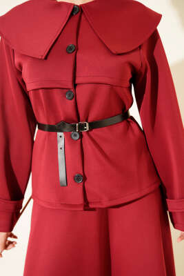 Bebe Yaka Kemerli Scuba İkili Etekli Takım Bordo - İkili Takım