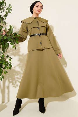 Bebe Yaka Kemerli Scuba İkili Etekli Takım Haki - TEGOE