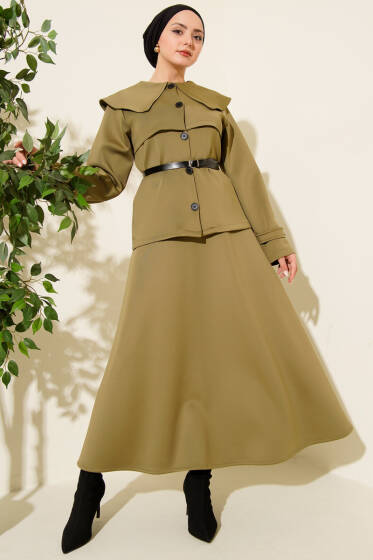 Bebe Yaka Kemerli Scuba İkili Etekli Takım Haki - İkili Takım