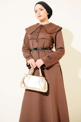 Bebe Yaka Kemerli Scuba İkili Etekli Takım Kahve - İkili Takım