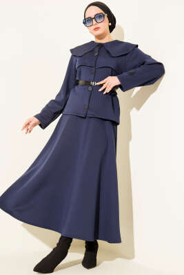 Bebe Yaka Kemerli Scuba İkili Etekli Takım Lacivert - TEGOE