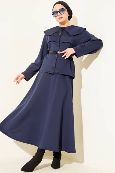 Bebe Yaka Kemerli Scuba İkili Etekli Takım Lacivert - İkili Takım