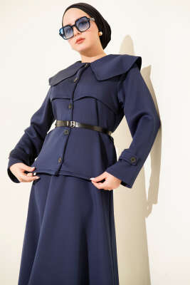 Bebe Yaka Kemerli Scuba İkili Etekli Takım Lacivert - İkili Takım