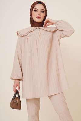 Bebe Yaka Keten Takım Bej - İKİLİ TAKIM