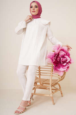 Bebe Yaka Keten Takım Ekru 