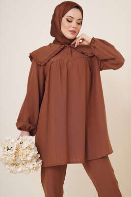 Bebe Yaka Keten Takım Kahve - İKİLİ TAKIM