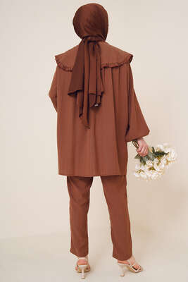 Bebe Yaka Keten Takım Kahve - İKİLİ TAKIM