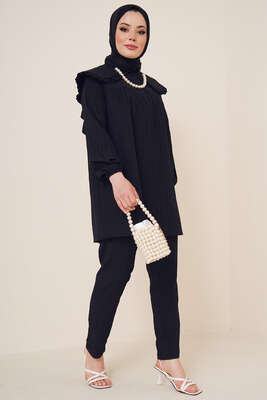 Bebe Yaka Keten Takım Siyah - İKİLİ TAKIM