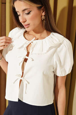 Bebe Yaka Kısa Kol İpli Bluz Beyaz - CALİENTE
