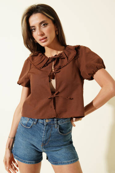 Bebe Yaka Kısa Kol İpli Bluz Kahve - Kadın Giyim Modelleri